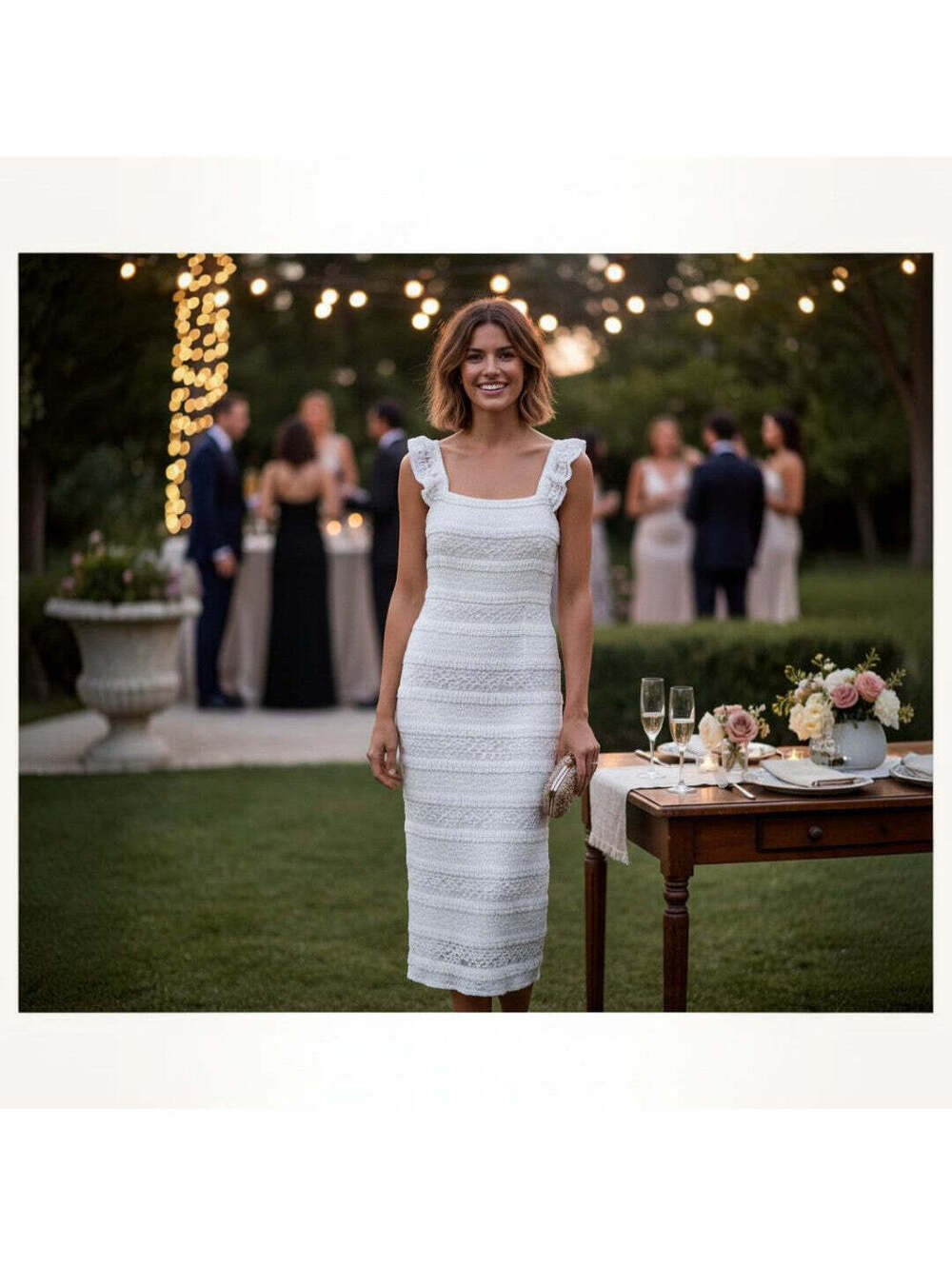 White Midi Lace Sheath Dress with Ruffle Straps
